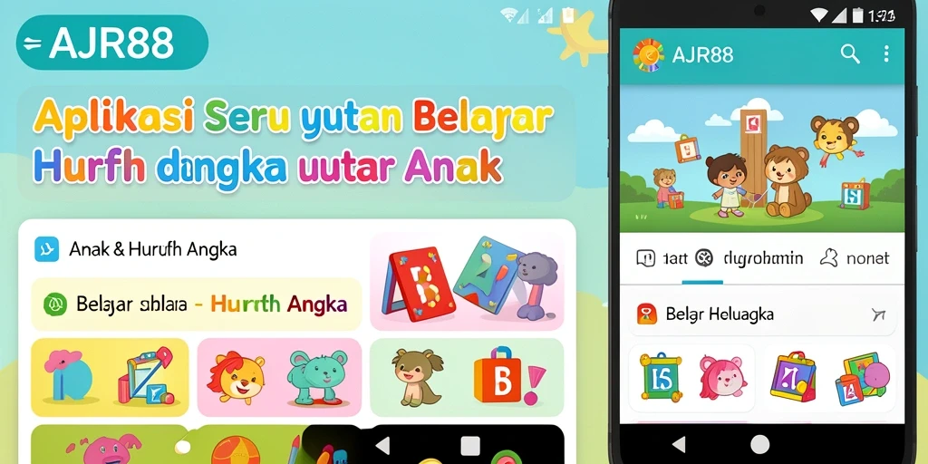 Tampilan antarmuka aplikasi AJR88 yang menarik untuk belajar huruf dan angka.